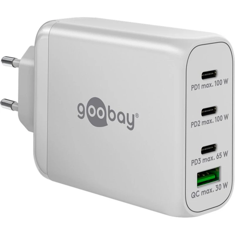 Goobay Væghurtigoplader 100W, 3x USB‑C + 1x USB‑A, GaN - Hvid