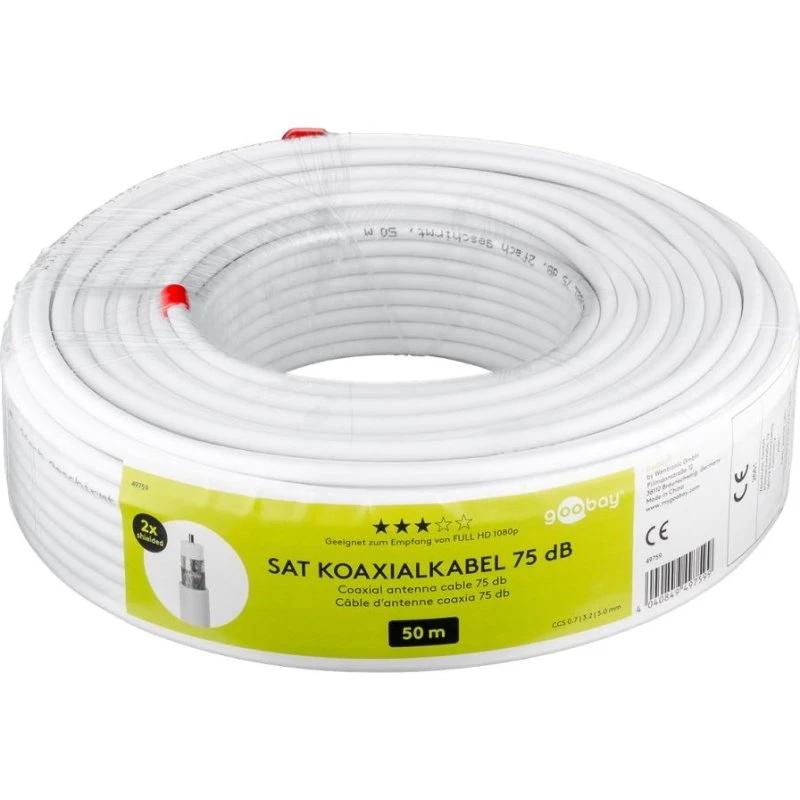 Coaxial kabel 75 dB afskærmet 50 m, hvid