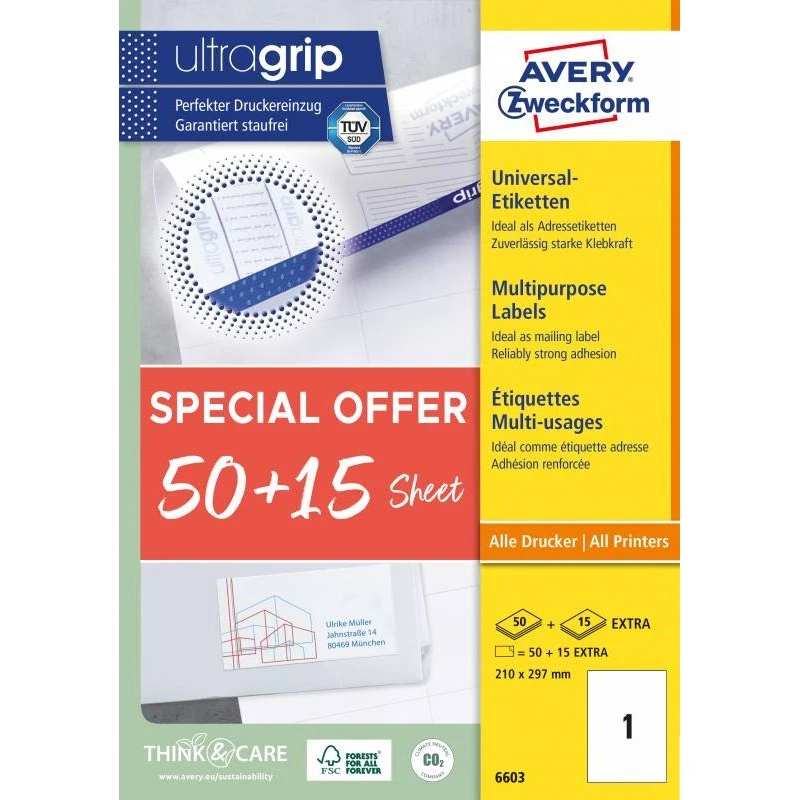 Avery Universaletiketter 210x297 mm, 65 ark (Ultragrip)