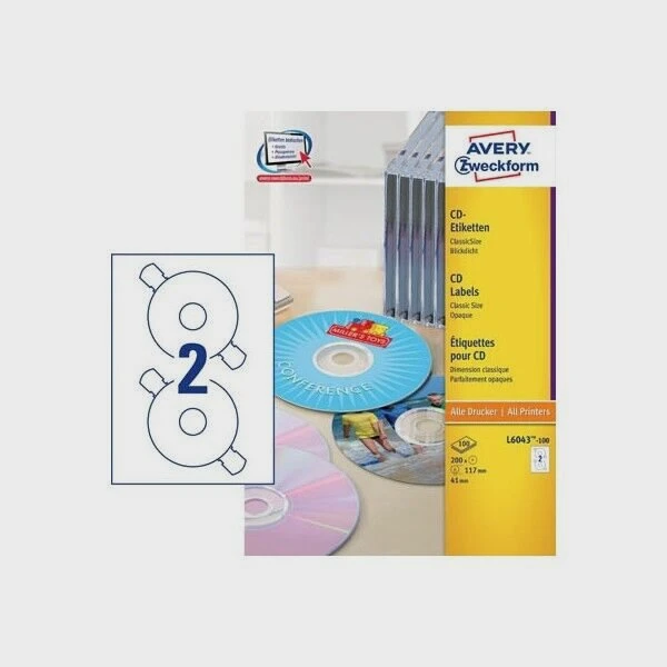 Avery L6043 CD-etiketter Ø117 mm, mat 200 stk.