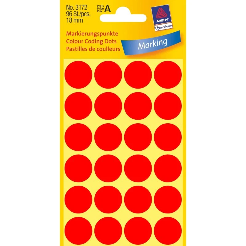 Avery etiketter neon rød Ø18 mm 3172, 96 stk