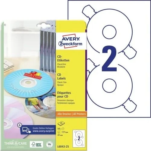 Avery L6043 Classic CD-etiketter Ø117 mm, 50 stk