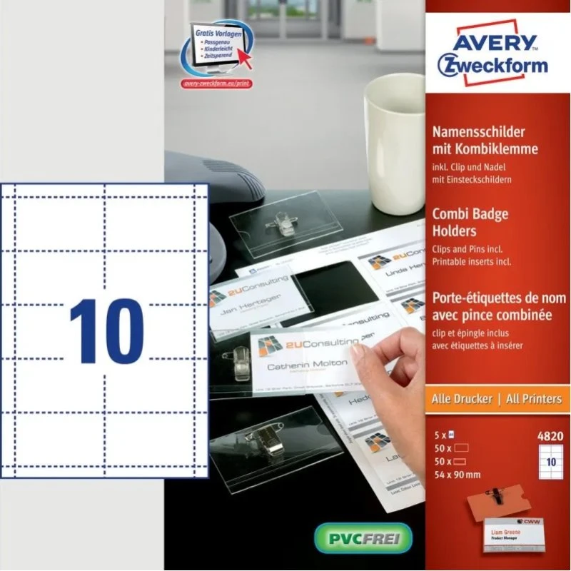 Avery 90 x 54 mm navneskilt med nål og clips, 50 stk