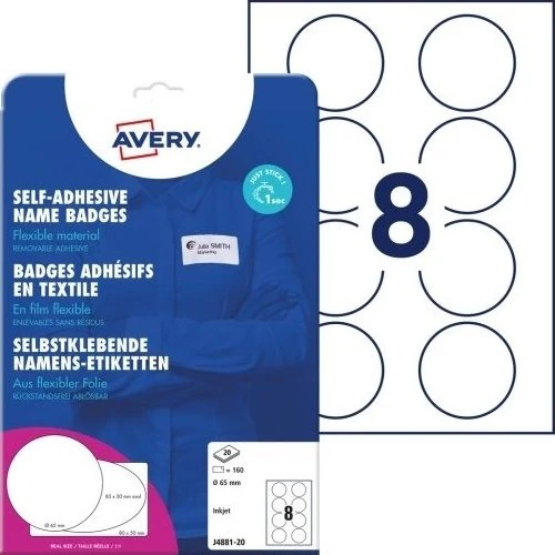 Avery J4881-20 selvklæbende navneskilte Ø65 mm til Inkjet, 160 stk