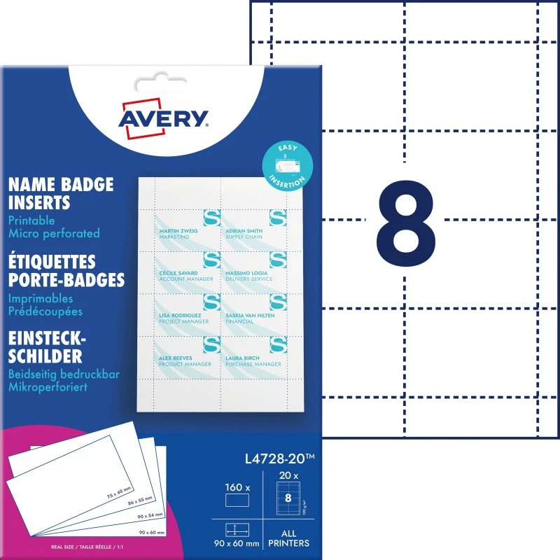 Avery L4728-20 navneskilte indsats 60x90 mm hvid 160 stk