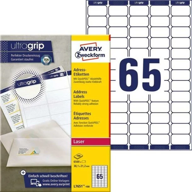 Avery L7651-100 QuickPEEL Ultragrip adresseetiketter 38,1x21,2mm, hvide