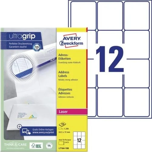 Avery L7164-100 adresseetiketter 63,5×72 mm QuickPEEL Ultragrip 1200 stk