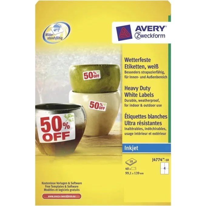 Avery J4774-10 Heavy Duty hvide etiketter 99,1 x 139 mm (10 ark)