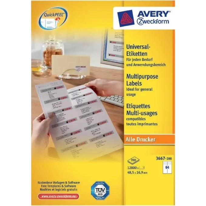 Avery 3667 etiketter 48,5x16,9 mm, 6400 stk, hvid