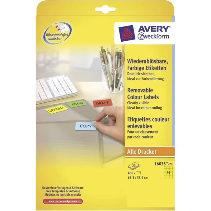 Avery L6035-20 aftagelige gule etiketter 63,5x33,9 mm