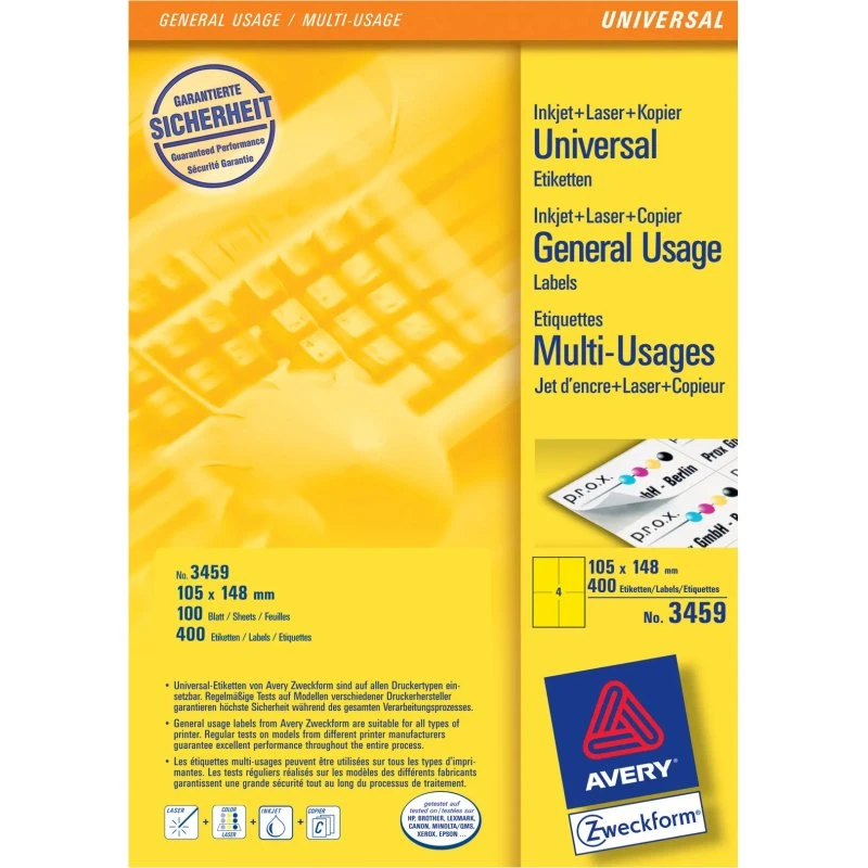 Avery 3459 etiketter 105x148 mm gul, 400 stk
