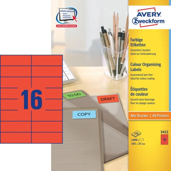 Avery 3452 etiketter 105x37 mm rød — 1600 stk