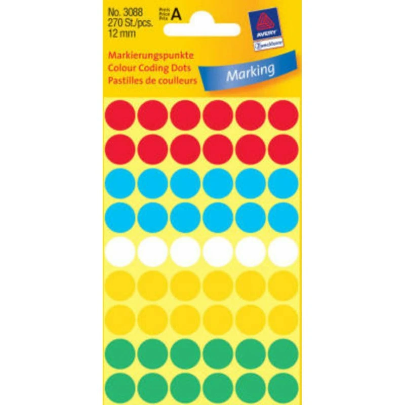 Avery etiketter Ø12 mm ass. farver, 270 stk
