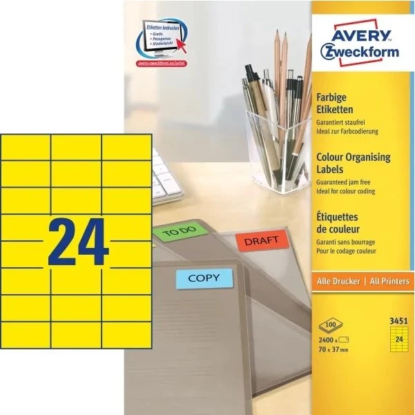 Avery 3451 etiketter 70x37 mm gul, 24 pr. ark (100 ark)