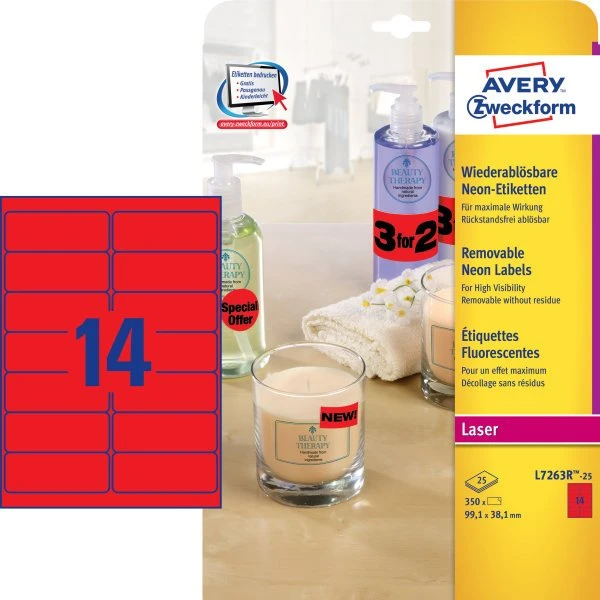 Avery L7263R-25 aftagelige neonrøde etiketter 99,1x38,1 mm (350 stk)