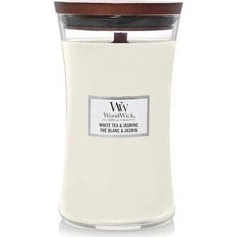 Woodwick Hvid te & jasmin duftlys med trævæge, 275 g