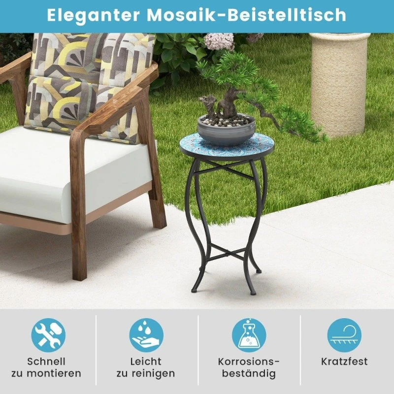 Rundt Mosaik Sidebord – 35x55 cm, Blå/Sort