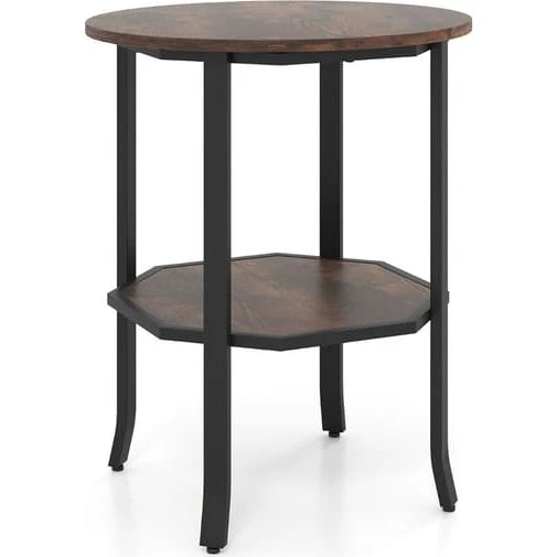 Rundt sidebord med 2 niveauer og hylde, rustik brun