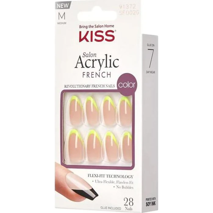 Kiss Salon Acrylic French Negle - Neon Gul, Mandelformet, 28 stk.