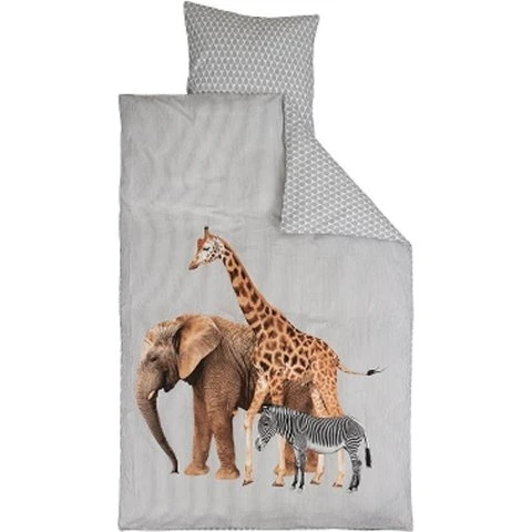 BørneSengetøj 140x200 cm vendbart – Giraf, elefant & zebra, grå