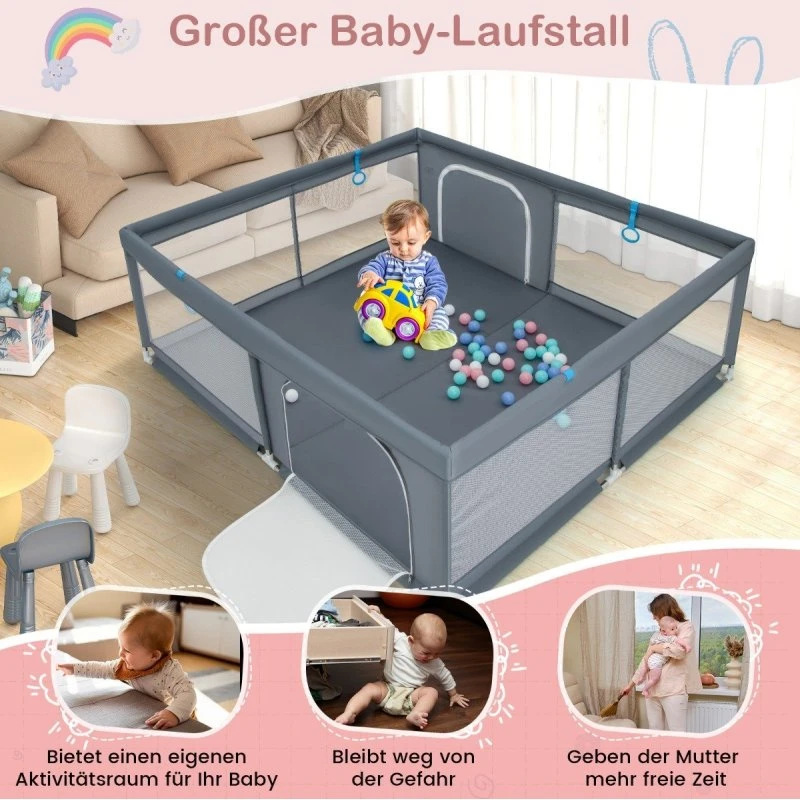 Babykravlegård 200x180 cm med 50 havbolde & 4 håndtag - Grå