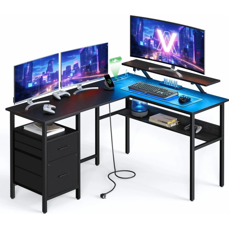 L-formet skrivebord med LED og USB, 150x120x76 cm
