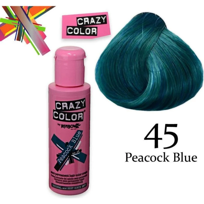 Crazy Color Semi-permanent Hårfarve Peacock Blue nr. 45, 100 ml
