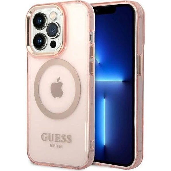 Guess iPhone 14 Pro Max Cover Pink med Gold Outline & MagSafe