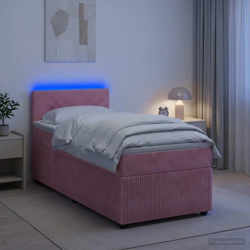 vidaXL Boksmadras med topmadras og LED Lyserød Fløjl 90x200 cm