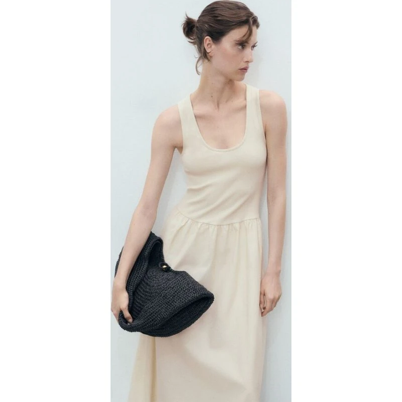 Mango FLARED midi-kjole i kombineret bomuld – beige