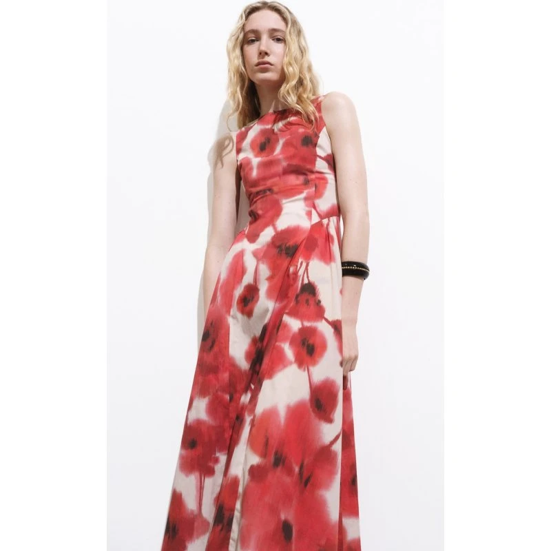 Mango Floral-print Flared midi-kjole off-white (100% bomuld)