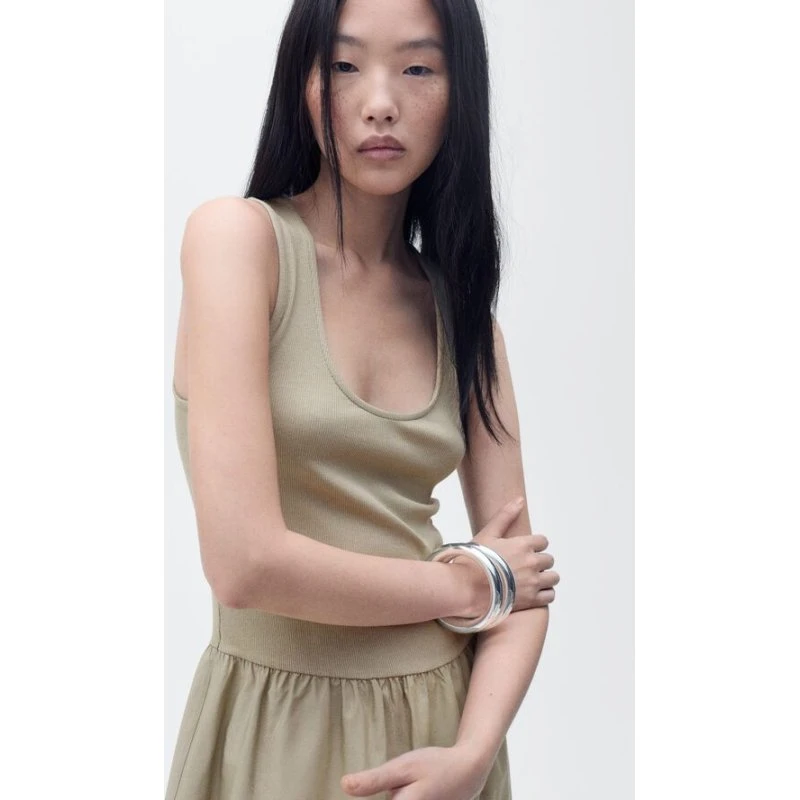 Mango Valvi evasé midi-kjole i kombineret bomuld, khaki