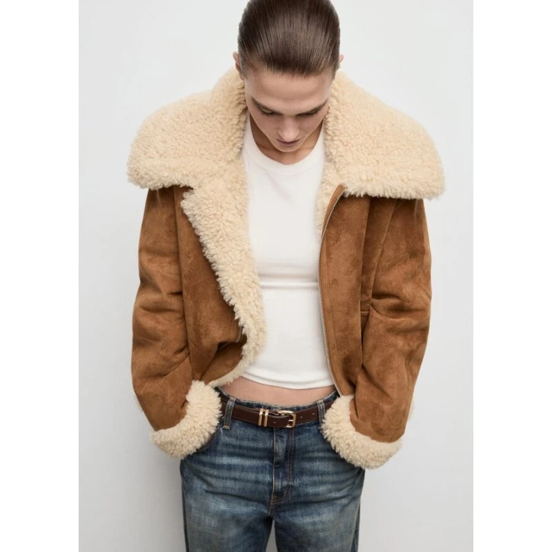 Mango imiteret shearling- og ruskindsjakke, brun