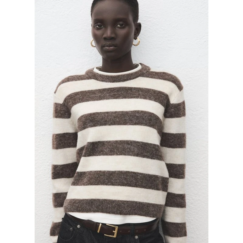 Stripet striktrøje med rund hals (medium strik)