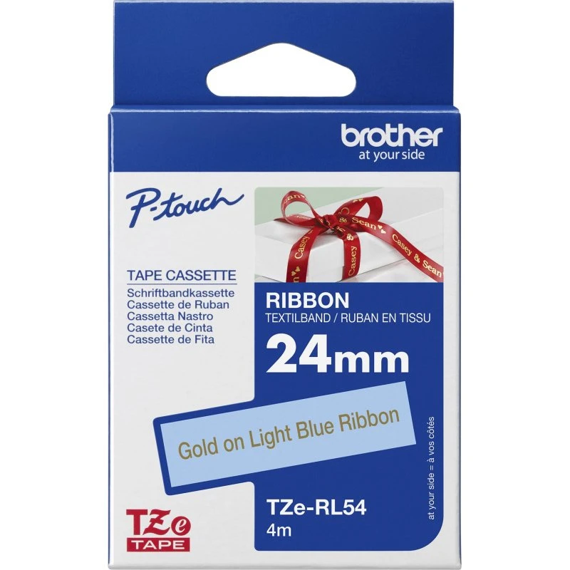 Brother TZe-RL54 Satinbånd 24mm Guld på Lysblå