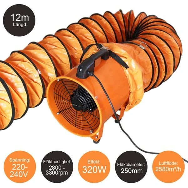 MaxBlast Industriventilator 250mm 320W med 12m slange