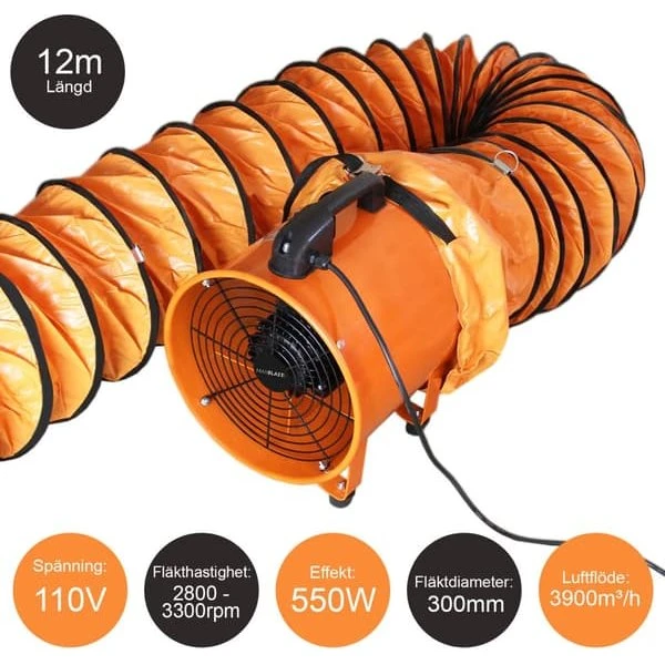 MAXBLAST Konstruktionsventilator 300mm 550W 110V m. 12m slange