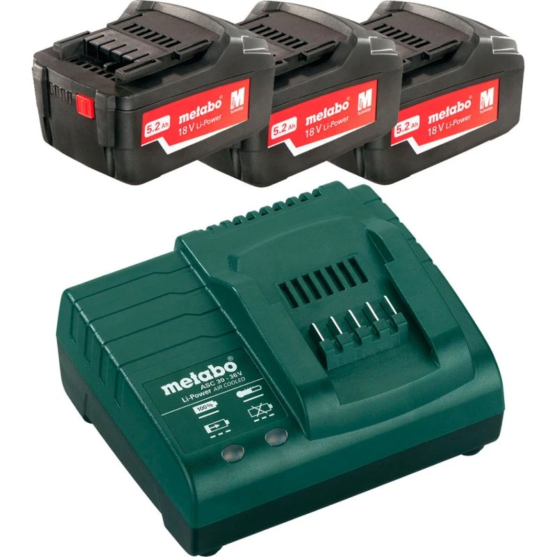 Metabo 18V Li-Ion 5,2 Ah — 3x batterier + oplader