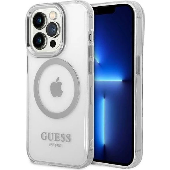 Guess iPhone 14 Pro Max Cover Silver Metal Outline MagSafe
