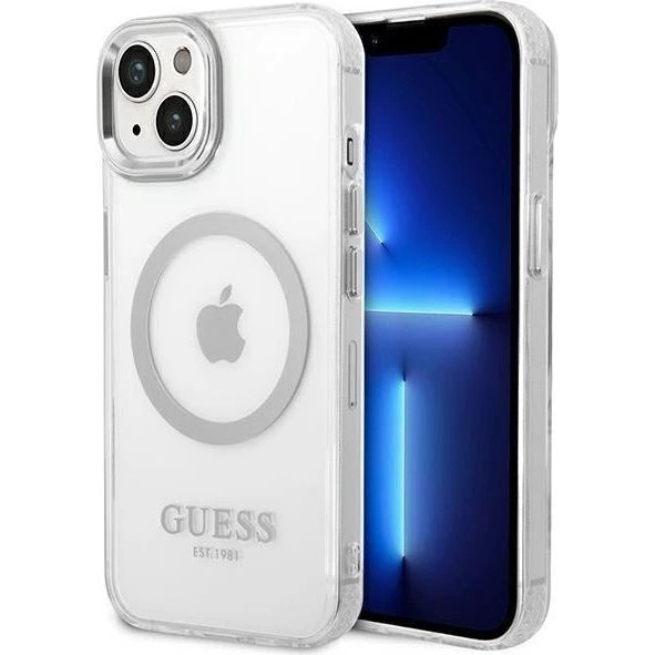 Guess GUHMP14SHTRMS iPhone 14 Case Silver Metal Outline MagSafe