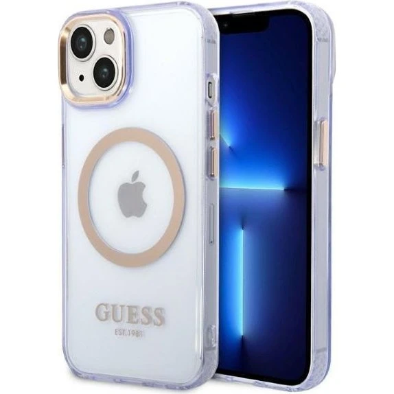 Guess GUHMP14SHTCMU iPhone 14 Cover Purple Gold Outline MagSafe
