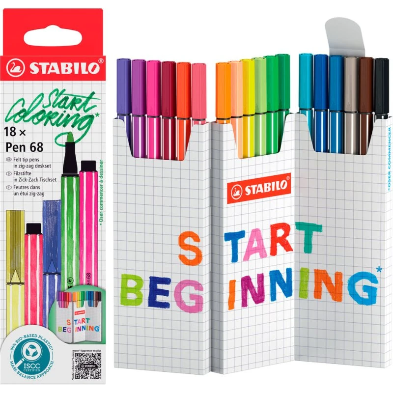 Stabilo Pen 68 Tuschpen Sæt - 18 Assorterede Farver i Zig-Zag Æske
