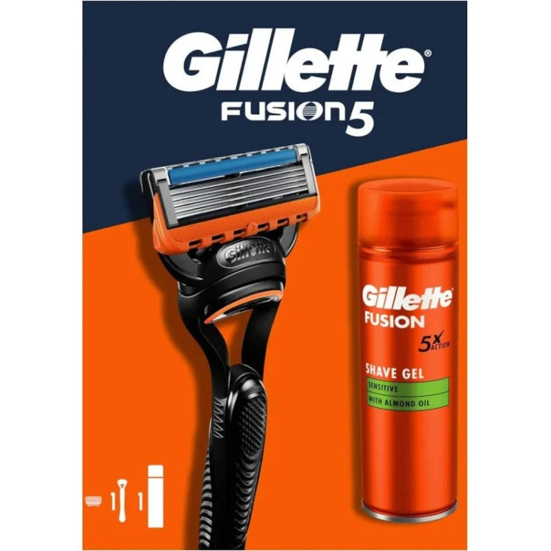 Gillette Fusion5 barbersæt med skraber og 200 ml Ultra Sensitive gel