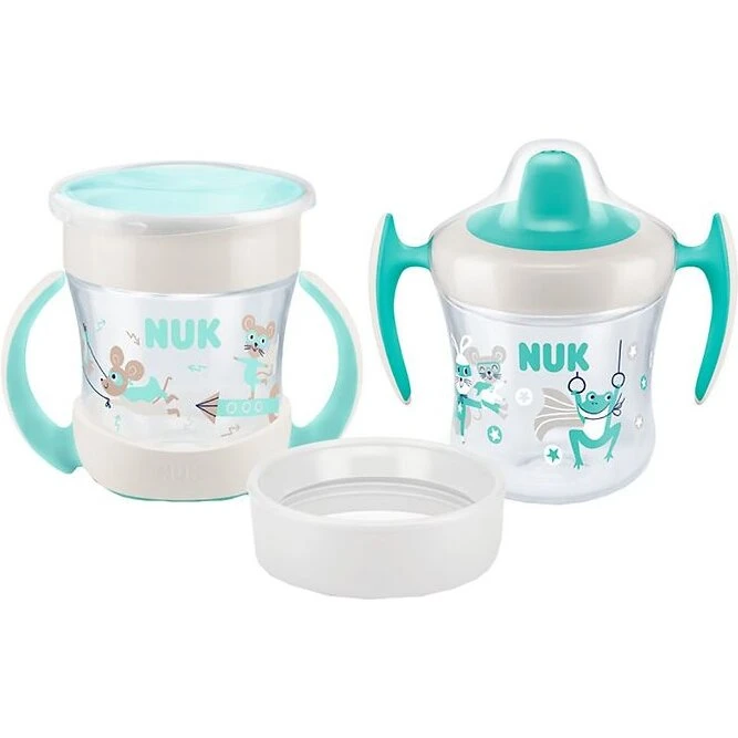 NUK 3-i-1 Mini Cups 160 ml – turkis/hvid med dyr