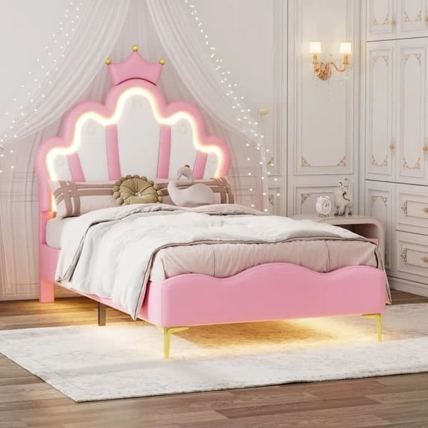 Prinsesseseng 90x200cm med LED og læderpuder - Pink