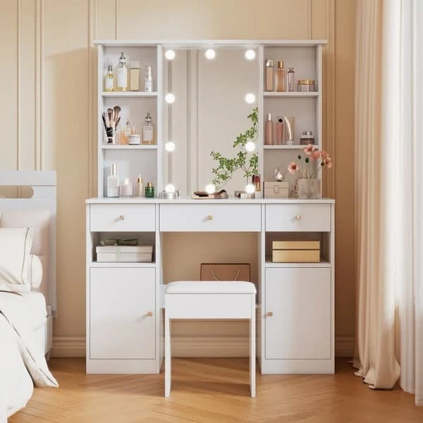 Hvidt toiletbord med LED-lys, spejl og skammel – 110x40x151 cm