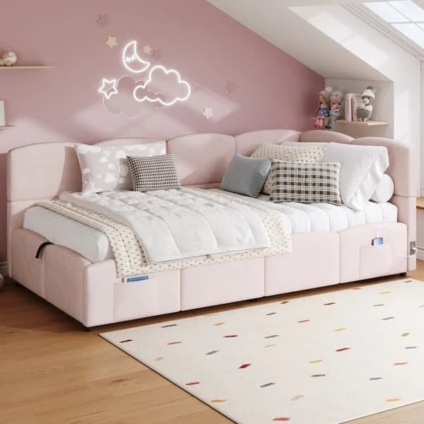 Polstret seng 90x200 cm i lyserødt velour med opbevaring & USB