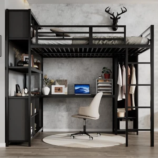 Højseng i metal 140x200 cm, sort med skrivebord og garderobe