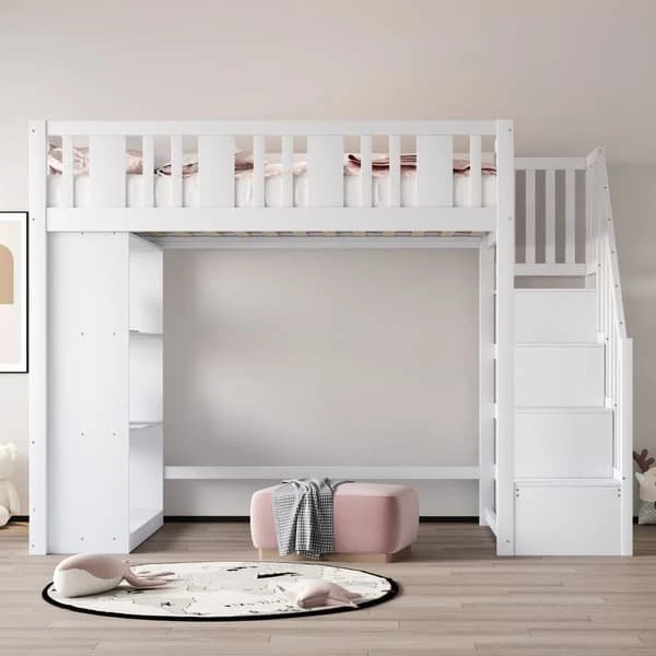 Højseng 90x200 cm i hvidt fyrretræ med opbevaring og stige