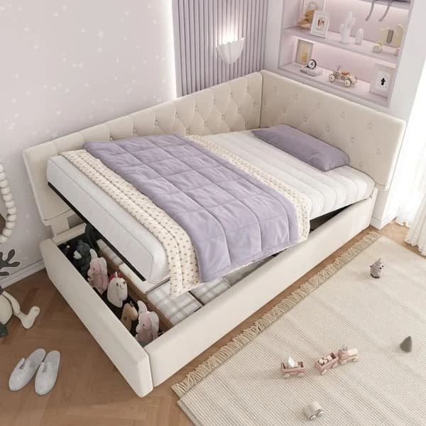 Daybed 90x200 cm i beige velour med hydraulisk opbevaring